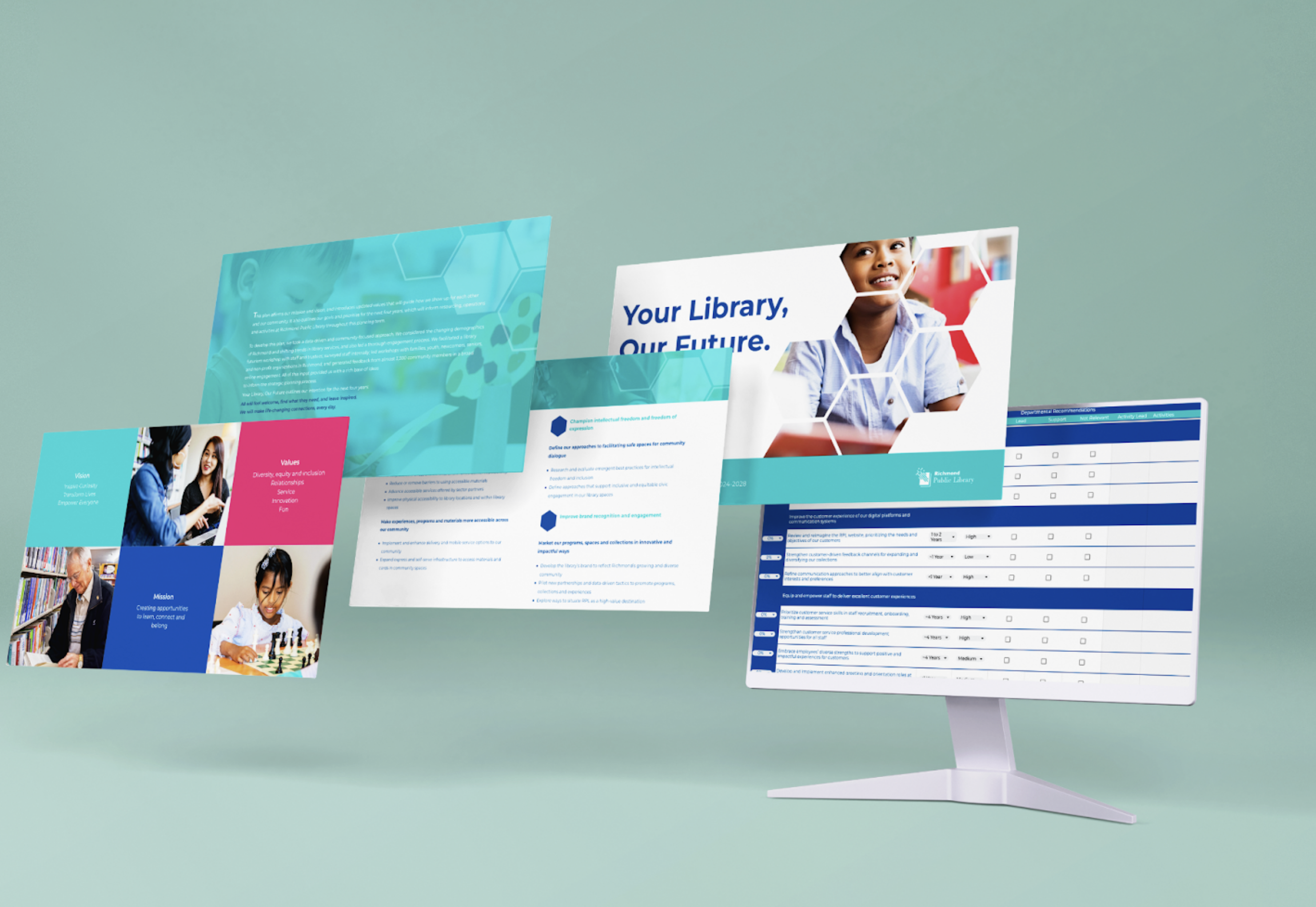 A digital presentation showcasing the future vision of a public library, including slides with a child, strategic goals, and a vision statement on a desktop monitor.